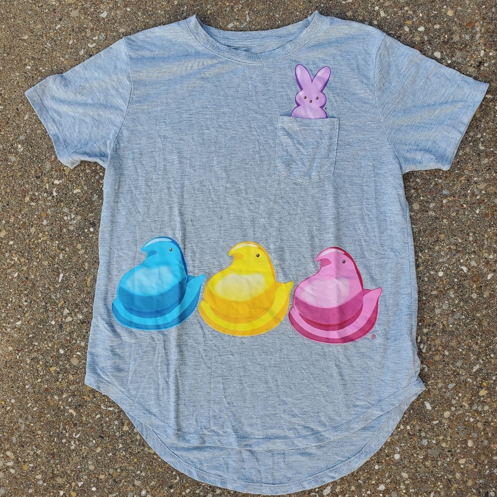 Easter Peeps Candy Bunny Chicks Grey Pocket T-Shirt Women's L